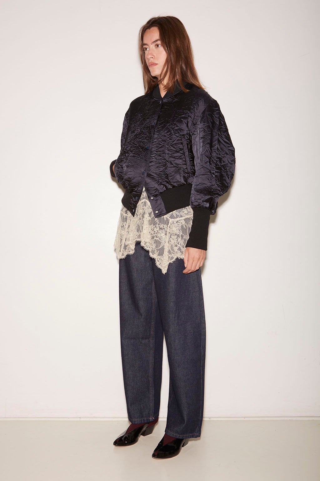 BLOUSON COURT PUZZLE EN SATIN FROISSÉ NAVY - ROSEANNA