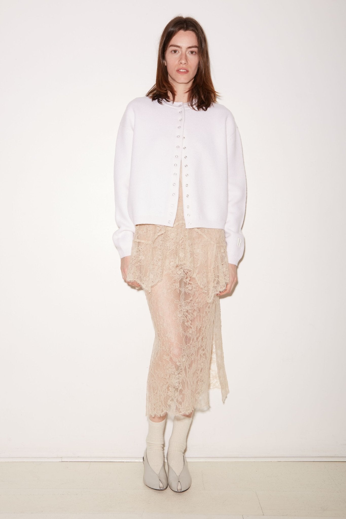 JUPE MIDI ROSE EN DENTELLE CRAIE - ROSEANNA