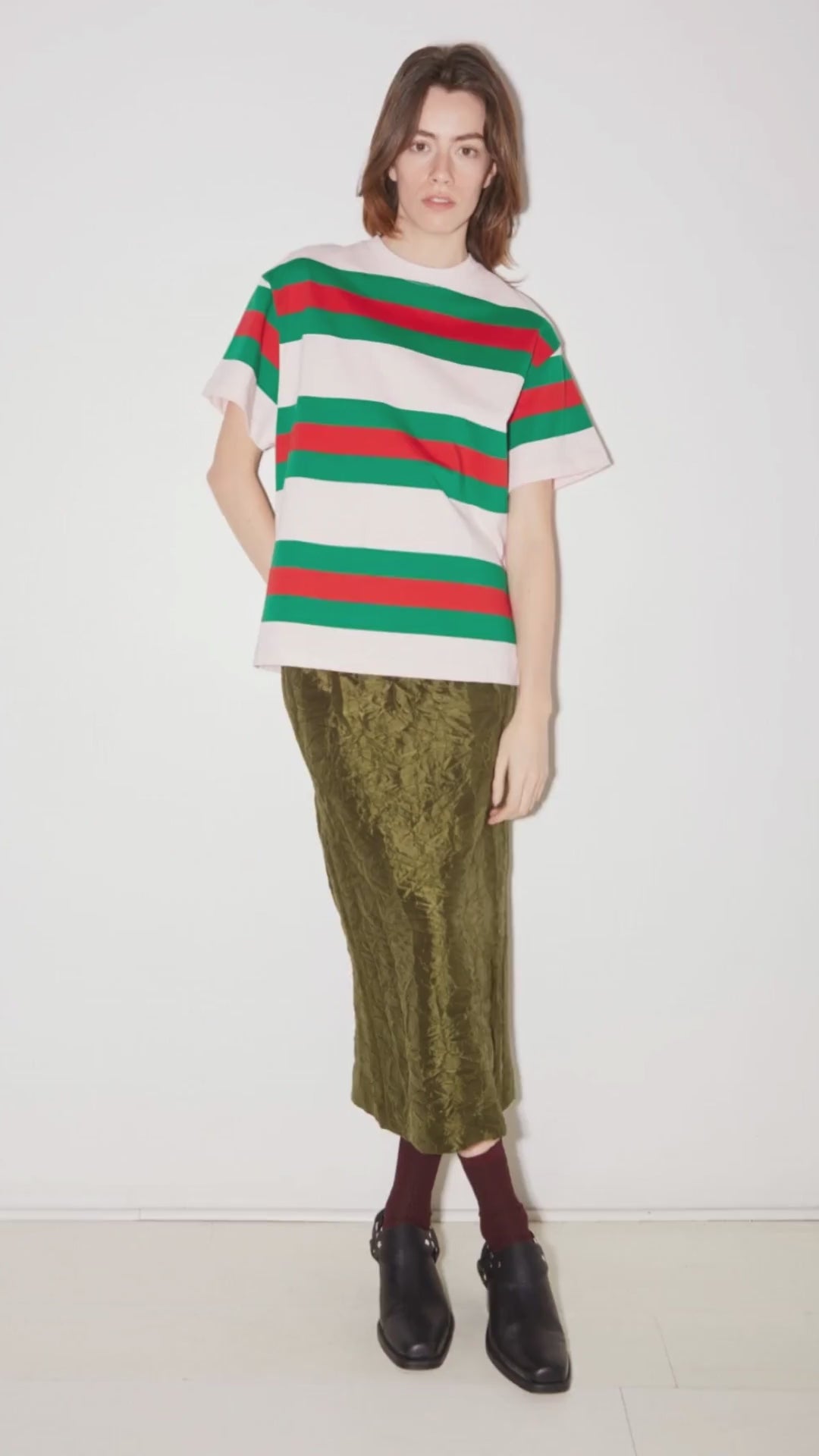 JUPE MIDI MARTHA EN SATIN FROISSÉ ARMY